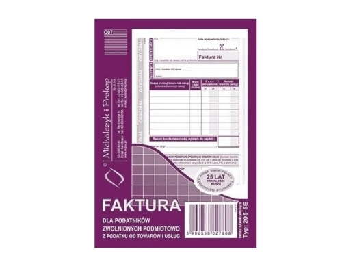 Faktura A6 205-5E dla podatników zwolnionych podmiotowo z podatku od towarów i usług MP_67673