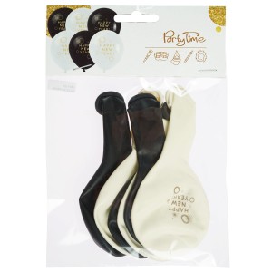 Balony latexowe 28cm 6szt Happy New Year białe i czarne Arpex