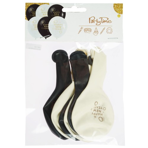 Balony latexowe 28cm 6szt Happy New Year białe i czarne Arpex_75961