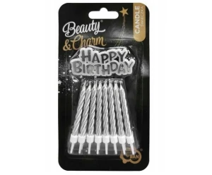 Świeczki urodzinowe na tort "Happy Birthday" srebrne 8cm 16szt Godan