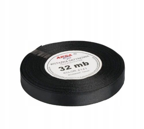 Wstążka satynowa 12mm x 32mb Czarna 8141 Aksa_78888