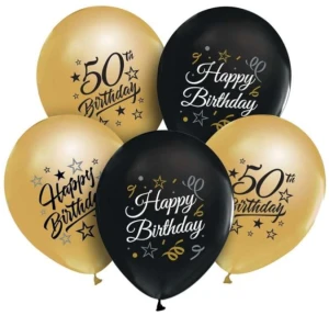 Balony Happy Birthday 50 urodziny zestaw złote czarne 5szt 12" Godan