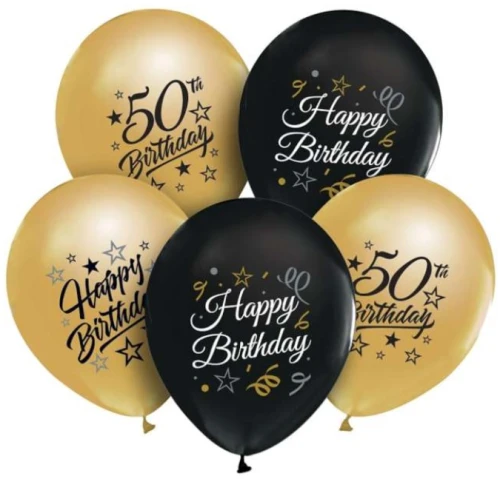 Balony Happy Birthday 50 urodziny zestaw złote czarne 5szt 12" Godan_83795