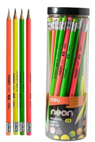 Ołówek 2B Neon trójkątny, gumka mix kolorów Deli_84241