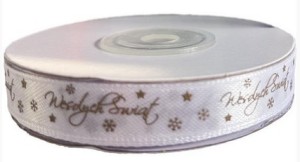 Wstążka satynowa Wesołych Świąt 12mm biała Titanum