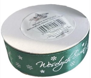 Wstążka satynowa Wesołych Świąt 25mm zielona Titanum