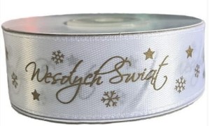 Wstążka satynowa Wesołych Świąt 25mm biała Titanum