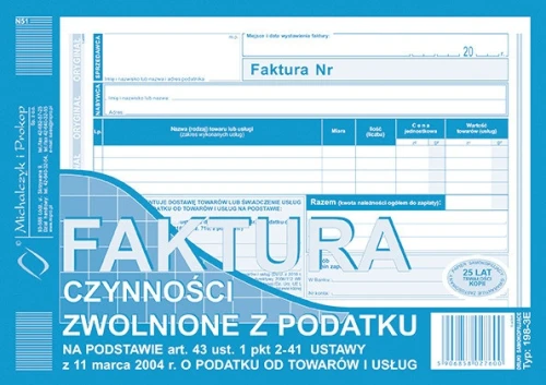 Faktura A5 198-3E Czynności Zwolnione z Podatku MP_27143