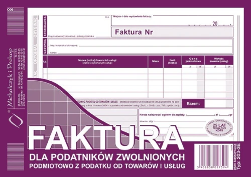 Faktura dla podatników zwolnionych podmiotowo z podatków od towarów i usług  A5 203-3E MP_22677