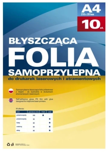 Folia samoprzylepna do drukarek laserowych przeźroczysta A4 10szt. Argo _83102