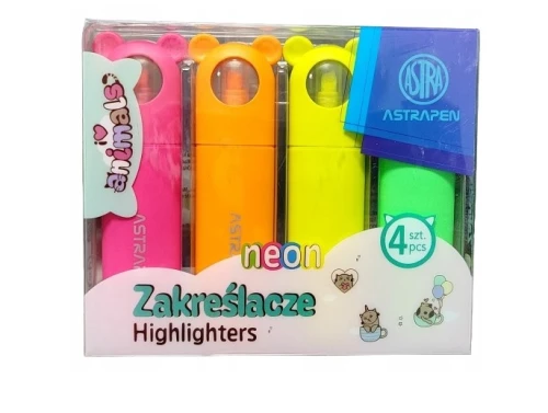 Zakreślacze Misie z uszkami 4 sztuki Neonowe Astra Animals_89017