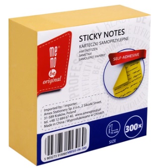 Karteczki Samoprzylepne 75x75Mm 300Kart. Żółty Memobe_89836