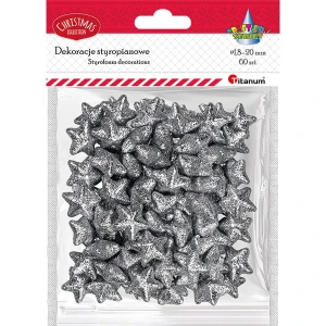 Gwiazdki styropianowe brokatowe srebrne 20x18 mm 60 szt. Titanum