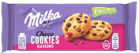 Pieguski Choco Cookies Raisins Ciasteczka z kawałkami czekolady mlecznej i rodzynkami 135g Milka_98341