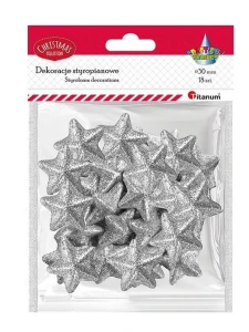 Gwiazdki styropianowe brokatowe srebrne 30x28 mm 18 szt. Titanum