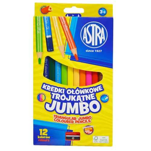 Kredki ołówkowe trójkątne jumbo 12kol+temperówka Astra_50146