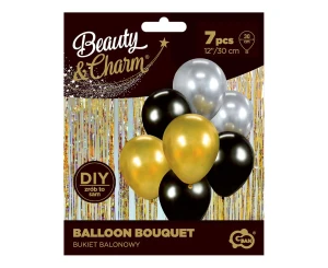 Balony lateksowe, bukiet czarno złoto srebrny 30 cm 7 szt